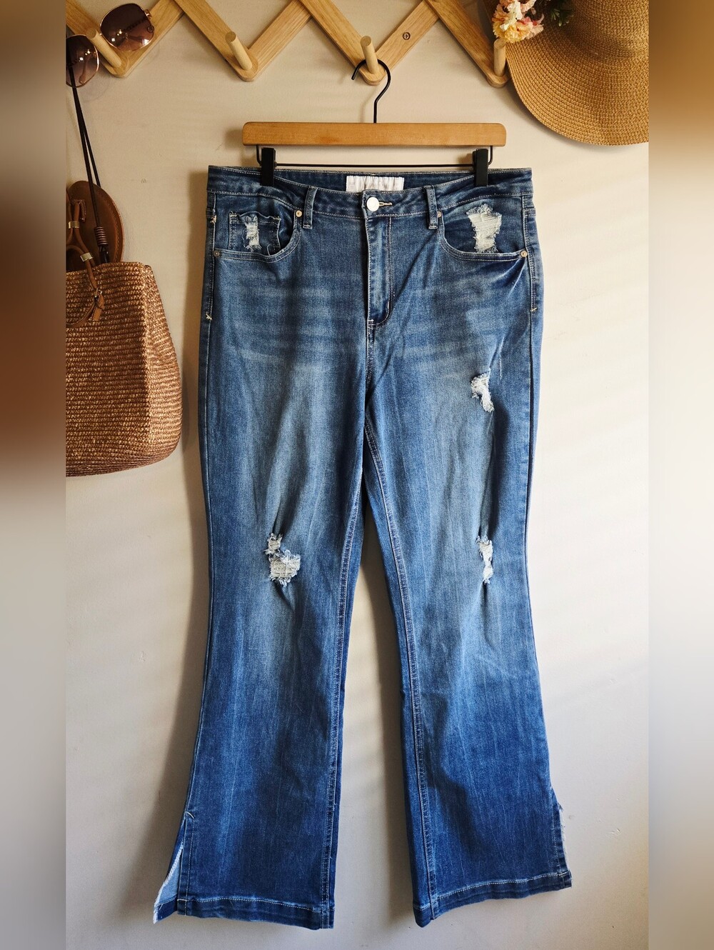 Indigo Rein Women's Distressed Blue Flare Jeans